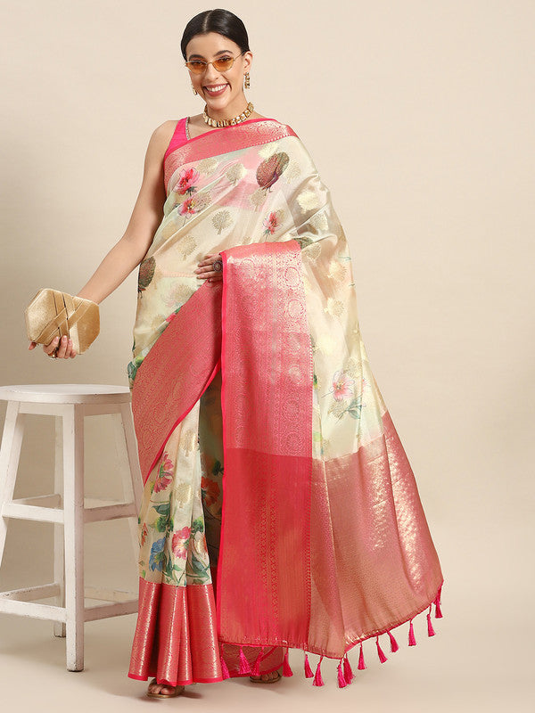 Beige Chanderi Art Silk Printed Floral Saree with Unstitched Blouse - Hiral Fashion | Grocsy