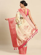 Beige Chanderi Art Silk Printed Floral Saree with Unstitched Blouse - Hiral Fashion | Grocsy