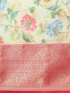 Beige Chanderi Art Silk Printed Floral Saree with Unstitched Blouse - Hiral Fashion | Grocsy