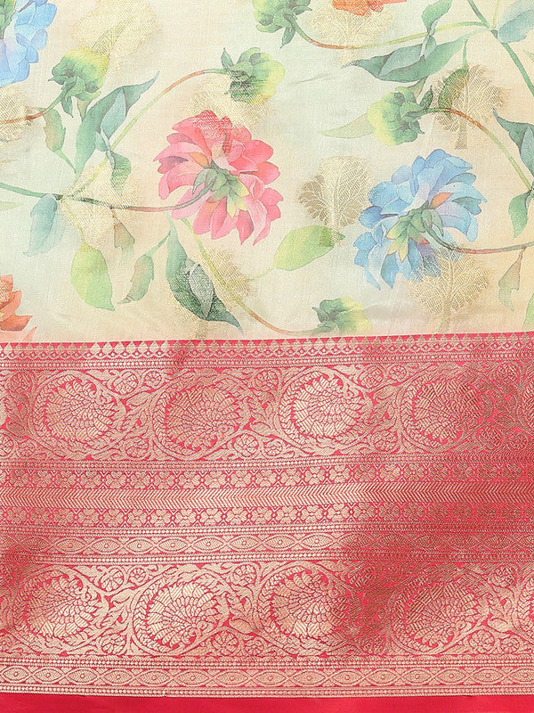 Beige Chanderi Art Silk Printed Floral Saree with Unstitched Blouse - Hiral Fashion | Grocsy