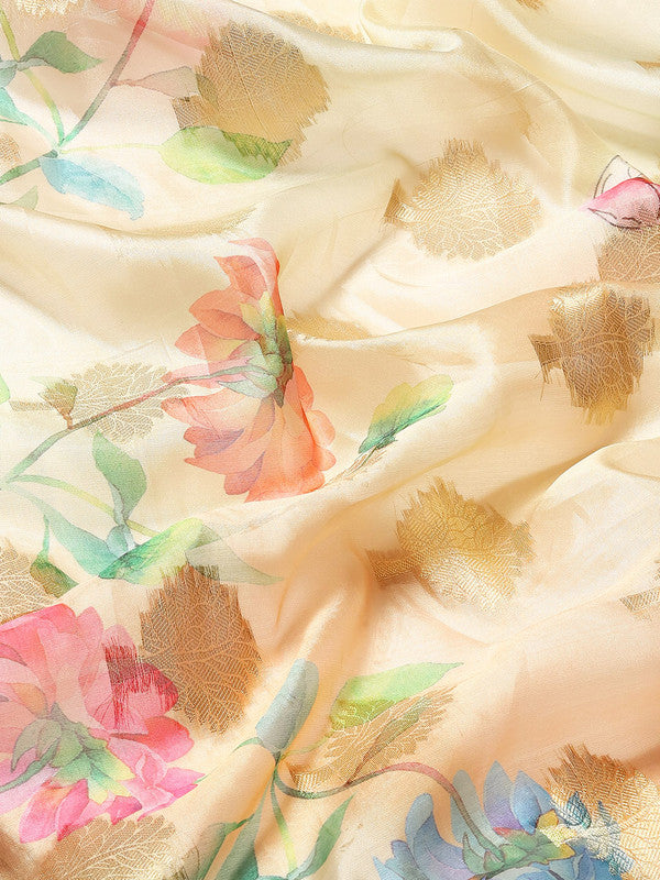 Beige Chanderi Art Silk Printed Floral Saree with Unstitched Blouse - Hiral Fashion | Grocsy