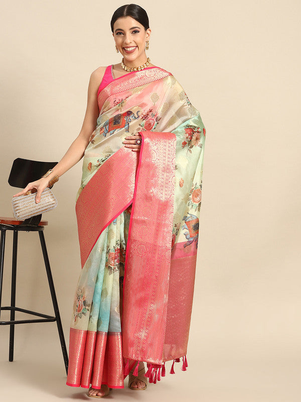 Green Chanderi Art Silk Printed Floral Saree with Unstitched Blouse - Hiral Fashion | Grocsy