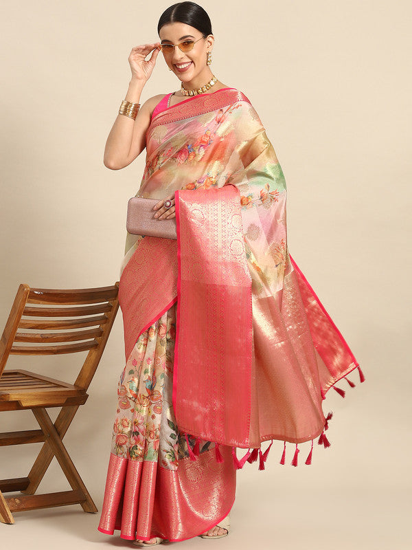 Multicolor Chanderi Art Silk Printed Floral Saree with Unstitched Blouse - Hiral Fashion | Grocsy