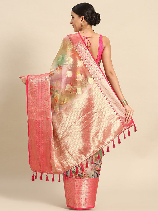 Multicolor Chanderi Art Silk Printed Floral Saree with Unstitched Blouse - Hiral Fashion | Grocsy
