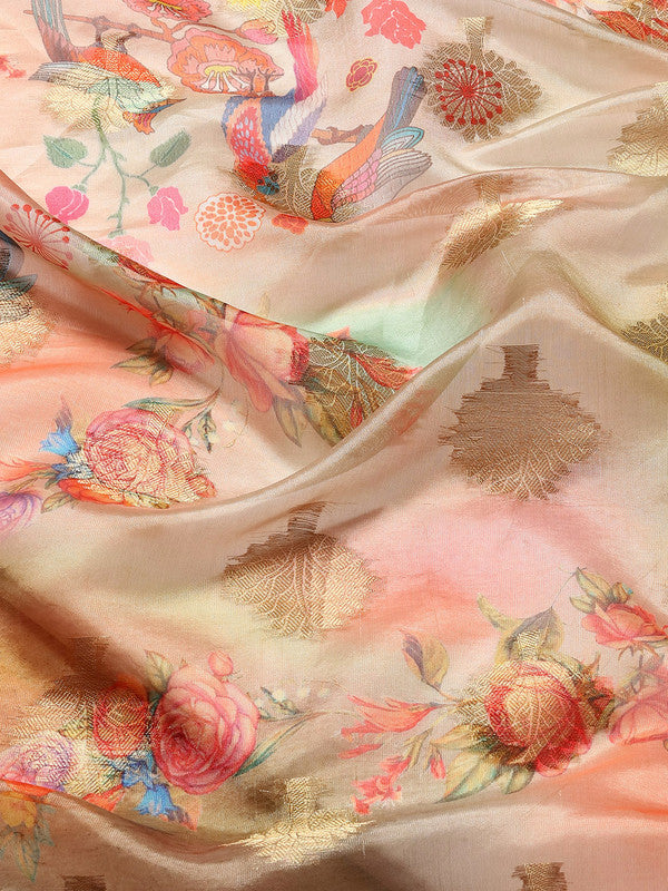 Multicolor Chanderi Art Silk Printed Floral Saree with Unstitched Blouse - Hiral Fashion | Grocsy