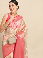 Pink Chanderi Art Silk Printed Floral Saree with Unstitched Blouse - Hiral Fashion | Grocsy
