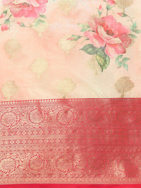 Pink Chanderi Art Silk Printed Floral Saree with Unstitched Blouse - Hiral Fashion | Grocsy