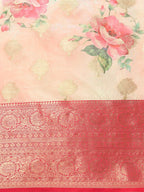 Pink Chanderi Art Silk Printed Floral Saree with Unstitched Blouse - Hiral Fashion | Grocsy