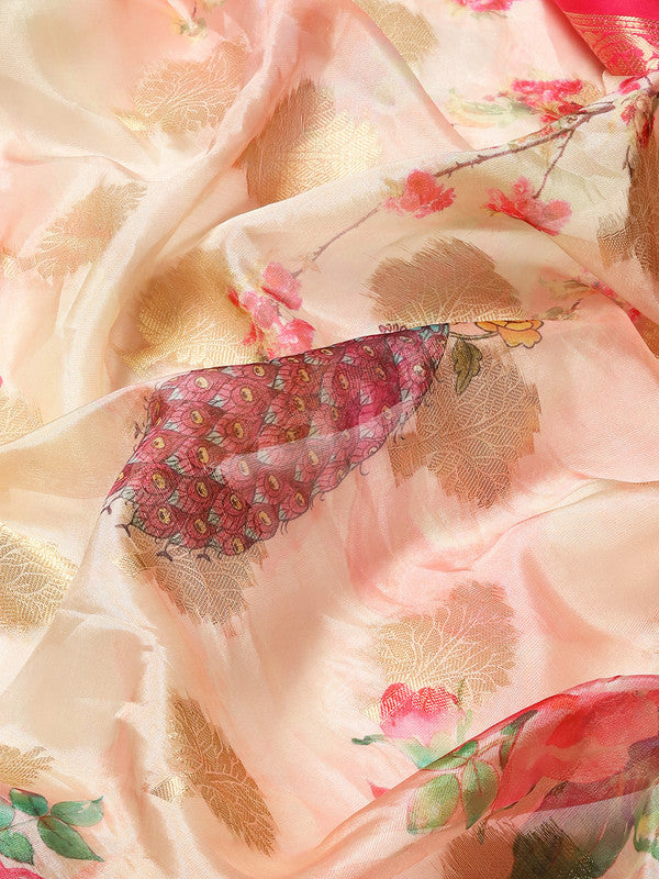 Pink Chanderi Art Silk Printed Floral Saree with Unstitched Blouse - Hiral Fashion | Grocsy