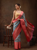 Blue Chanderi Art Silk Digital Print Floral Saree with Unstitched Blouse - Hiral Fashion | Grocsy