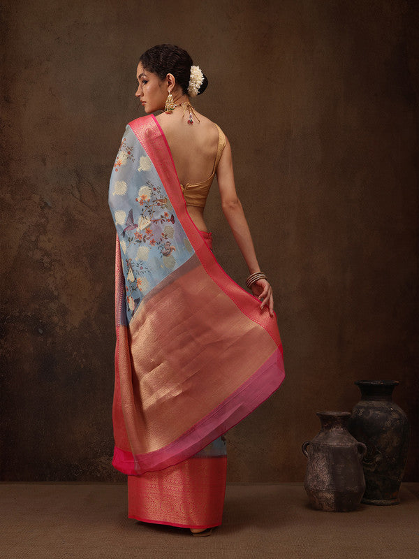 Blue Chanderi Art Silk Digital Print Floral Saree with Unstitched Blouse - Hiral Fashion | Grocsy