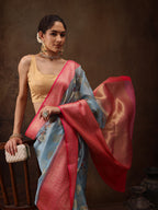 Blue Chanderi Art Silk Digital Print Floral Saree with Unstitched Blouse - Hiral Fashion | Grocsy