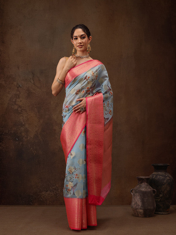 Blue Chanderi Art Silk Digital Print Floral Saree with Unstitched Blouse - Hiral Fashion | Grocsy