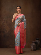 Blue Chanderi Art Silk Digital Print Floral Saree with Unstitched Blouse - Hiral Fashion | Grocsy
