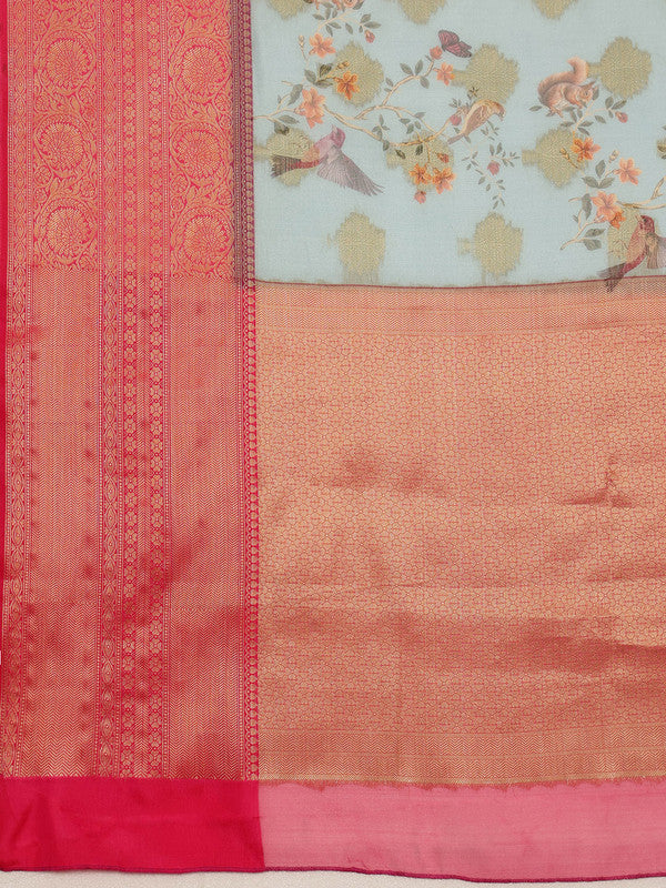Blue Chanderi Art Silk Digital Print Floral Saree with Unstitched Blouse - Hiral Fashion | Grocsy