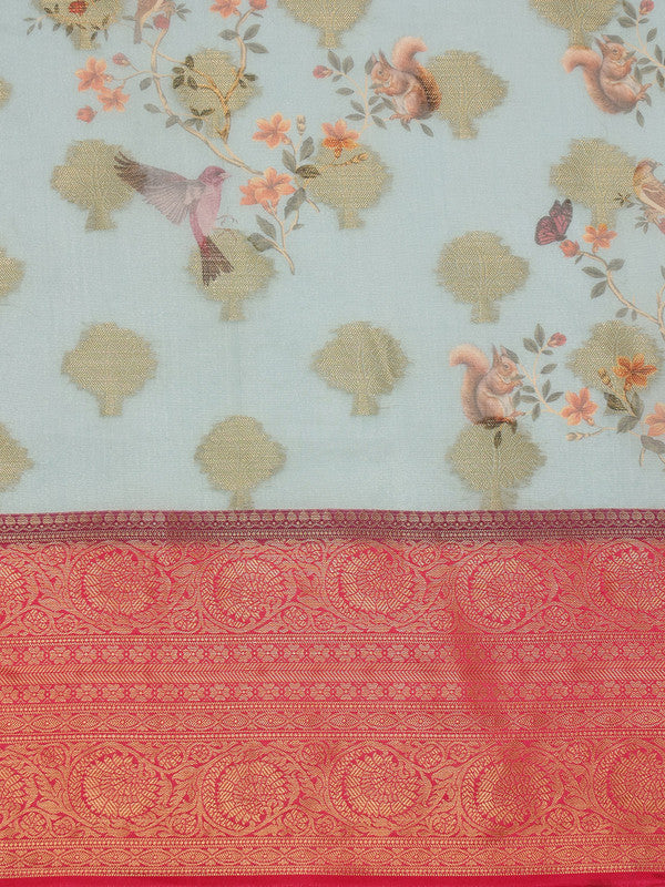 Blue Chanderi Art Silk Digital Print Floral Saree with Unstitched Blouse - Hiral Fashion | Grocsy