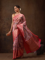 Light Pink Chanderi Art Silk Digital Print Floral Saree with Unstitched Blouse - Hiral Fashion | Grocsy