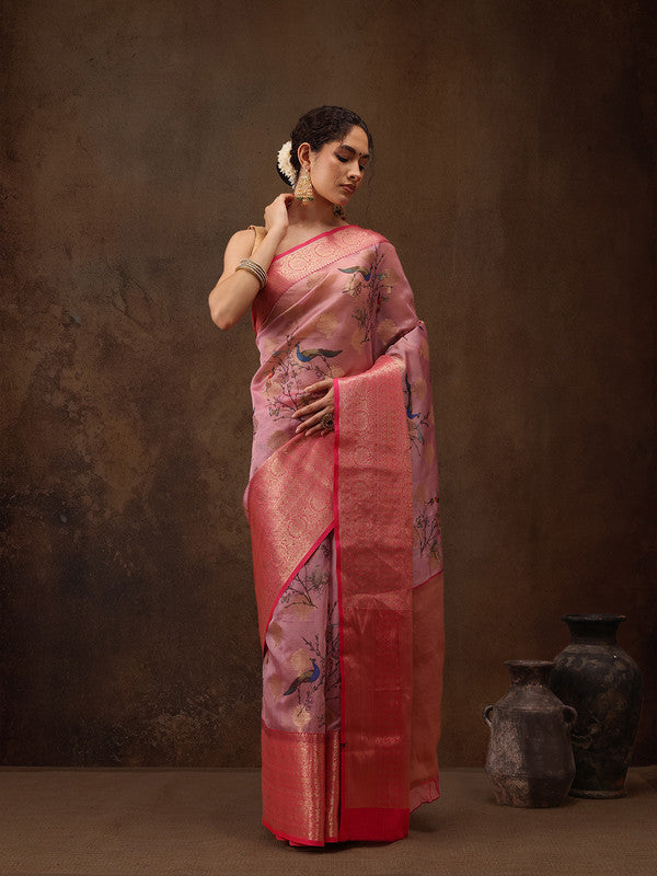 Light Pink Chanderi Art Silk Digital Print Floral Saree with Unstitched Blouse - Hiral Fashion | Grocsy