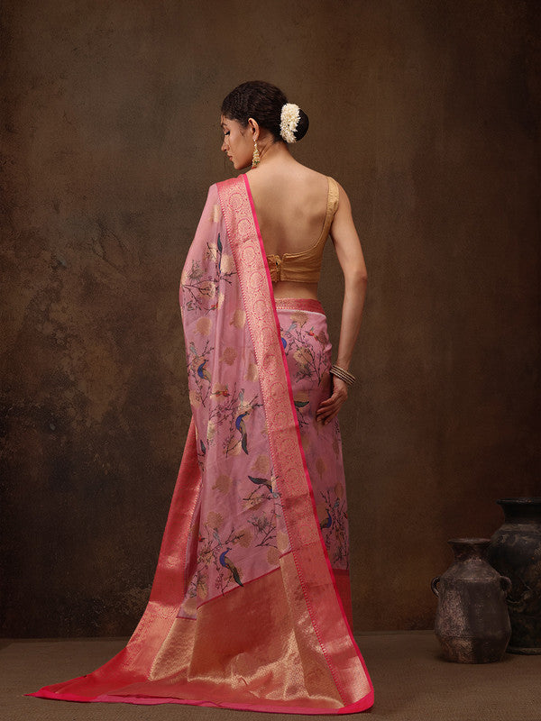 Light Pink Chanderi Art Silk Digital Print Floral Saree with Unstitched Blouse - Hiral Fashion | Grocsy