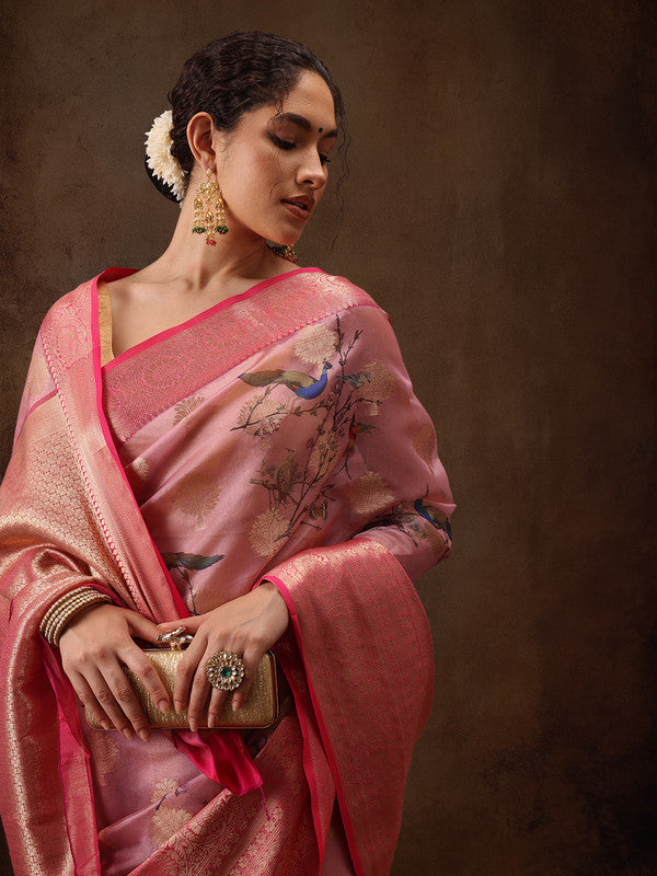 Light Pink Chanderi Art Silk Digital Print Floral Saree with Unstitched Blouse - Hiral Fashion | Grocsy
