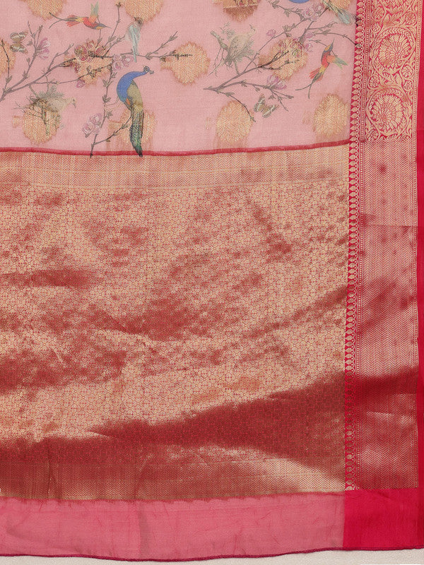 Light Pink Chanderi Art Silk Digital Print Floral Saree with Unstitched Blouse - Hiral Fashion | Grocsy