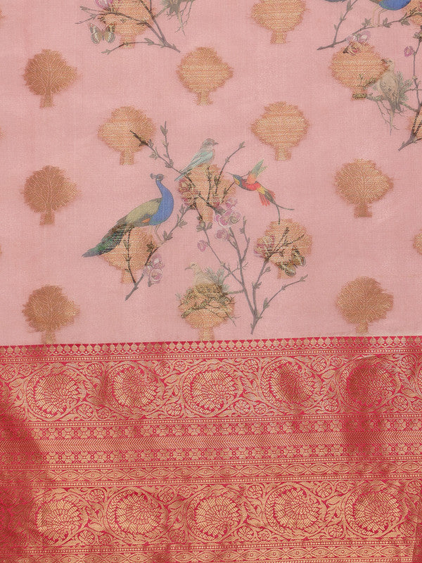 Light Pink Chanderi Art Silk Digital Print Floral Saree with Unstitched Blouse - Hiral Fashion | Grocsy