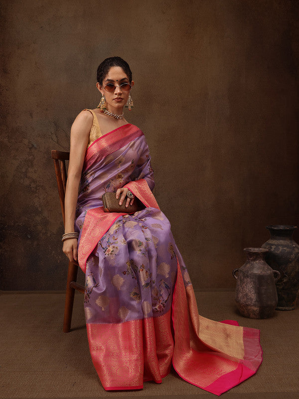 Lavender Chanderi Art Silk Digital Print Floral Saree with Unstitched Blouse - Hiral Fashion | Grocsy