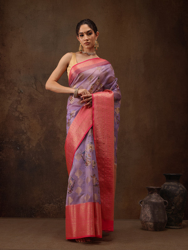 Lavender Chanderi Art Silk Digital Print Floral Saree with Unstitched Blouse - Hiral Fashion | Grocsy