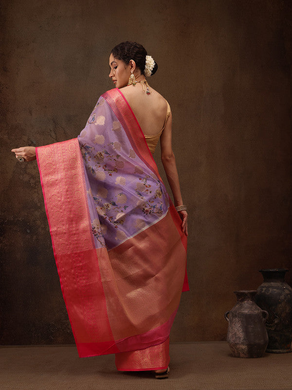 Lavender Chanderi Art Silk Digital Print Floral Saree with Unstitched Blouse - Hiral Fashion | Grocsy