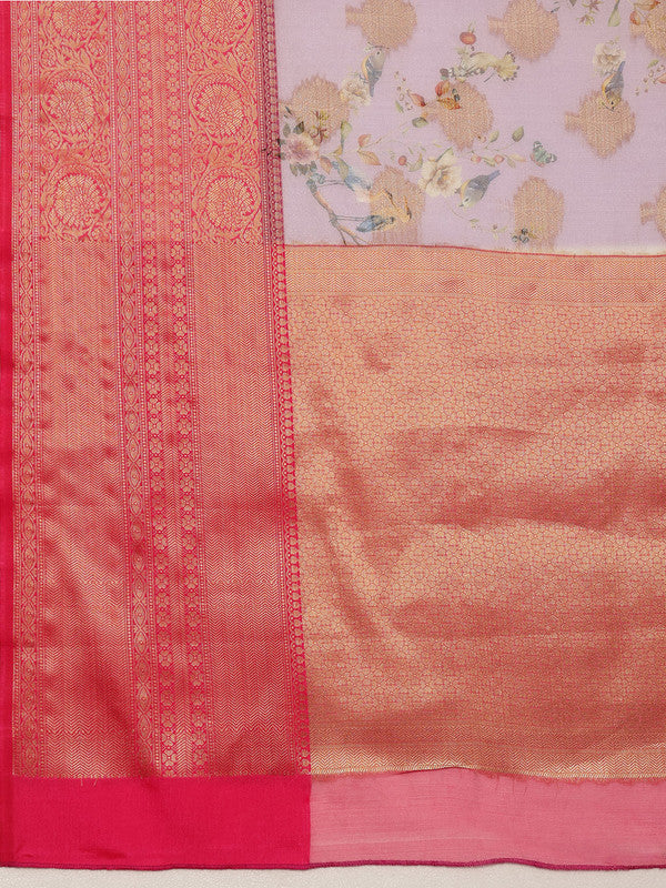 Lavender Chanderi Art Silk Digital Print Floral Saree with Unstitched Blouse - Hiral Fashion | Grocsy