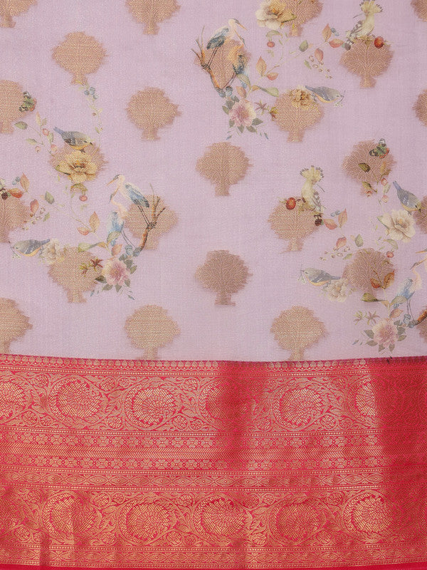 Lavender Chanderi Art Silk Digital Print Floral Saree with Unstitched Blouse - Hiral Fashion | Grocsy