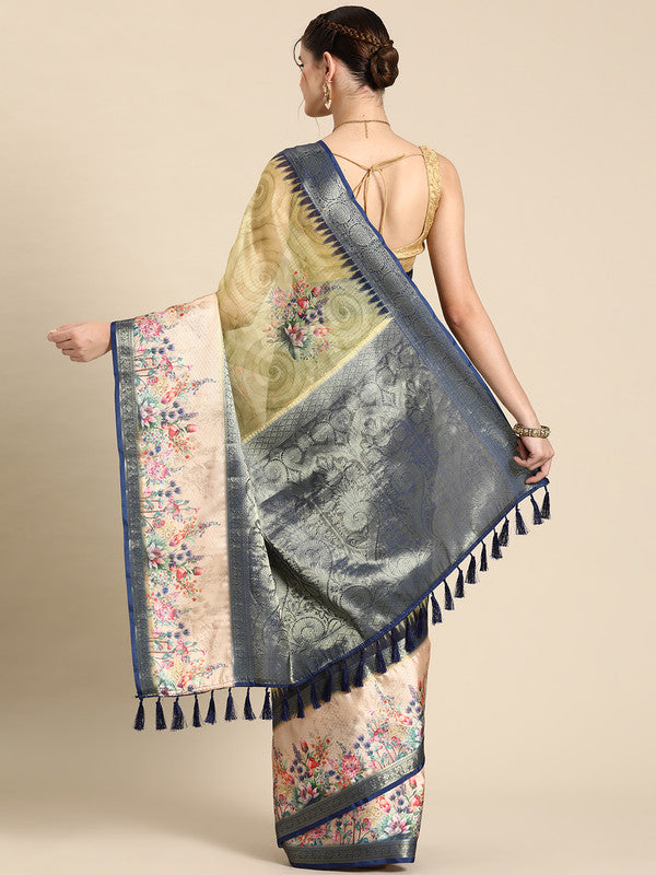 Olive Kanjeevaram Silk Digital Print Floral Saree with Unstitched Blouse - Hiral Fashion | Grocsy