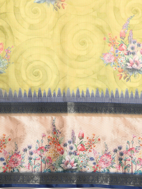 Olive Kanjeevaram Silk Digital Print Floral Saree with Unstitched Blouse - Hiral Fashion | Grocsy