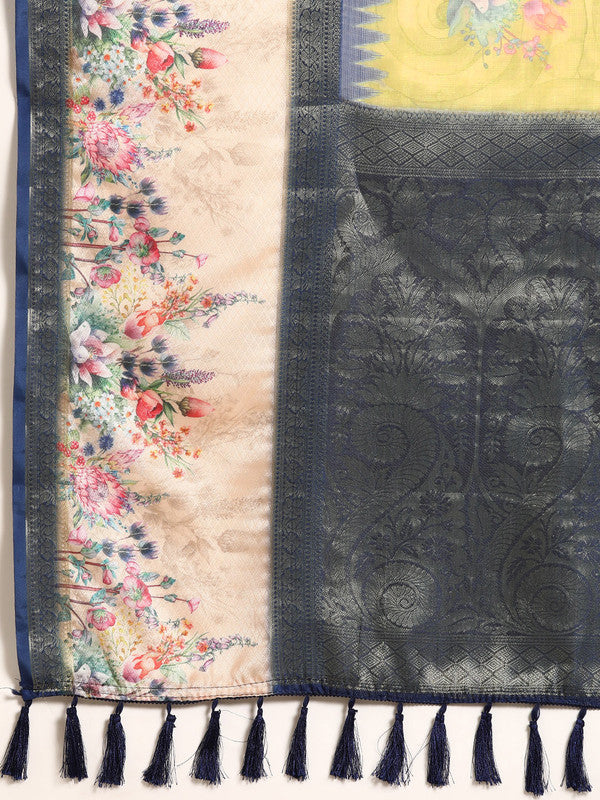 Olive Kanjeevaram Silk Digital Print Floral Saree with Unstitched Blouse - Hiral Fashion | Grocsy