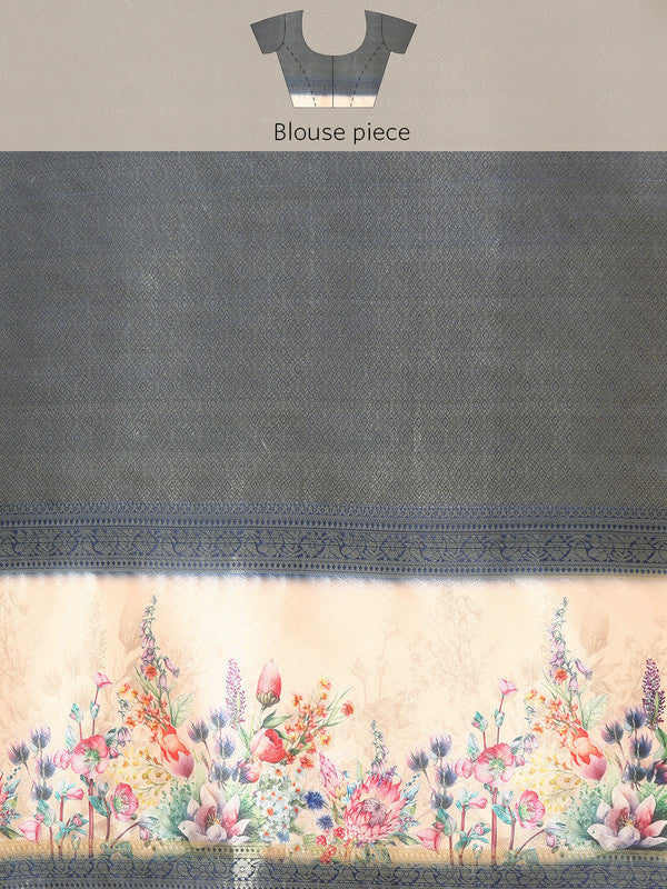 Olive Kanjeevaram Silk Digital Print Floral Saree with Unstitched Blouse - Hiral Fashion | Grocsy