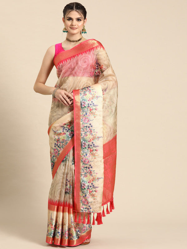 Peach Kanjeevaram Silk Digital Print Floral Saree with Unstitched Blouse - Hiral Fashion | Grocsy