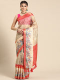 Peach Kanjeevaram Silk Digital Print Floral Saree with Unstitched Blouse - Hiral Fashion | Grocsy