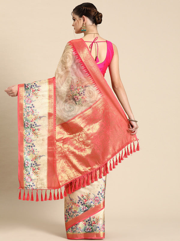 Peach Kanjeevaram Silk Digital Print Floral Saree with Unstitched Blouse - Hiral Fashion | Grocsy