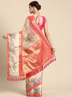 Peach Kanjeevaram Silk Digital Print Floral Saree with Unstitched Blouse - Hiral Fashion | Grocsy