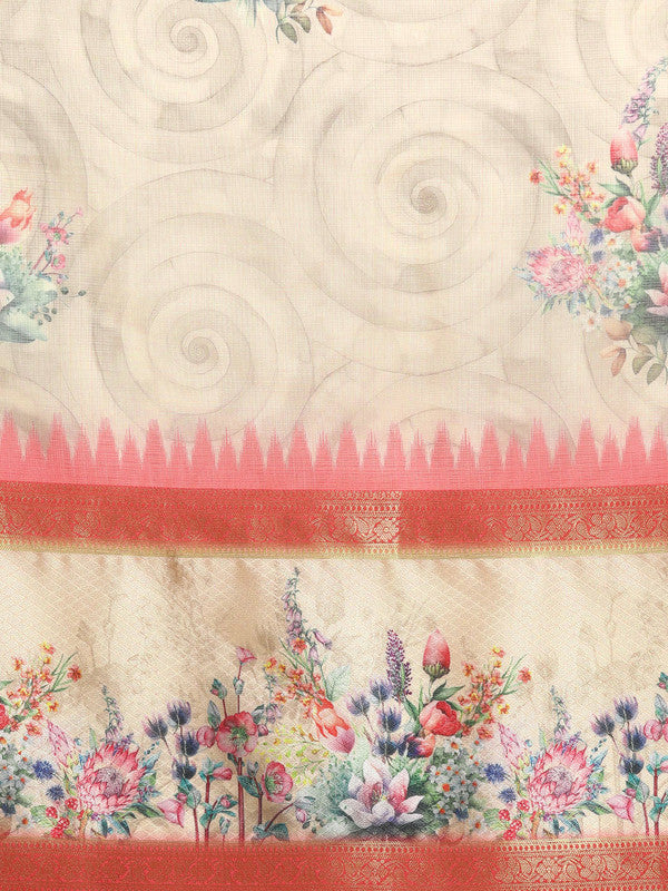 Peach Kanjeevaram Silk Digital Print Floral Saree with Unstitched Blouse - Hiral Fashion | Grocsy