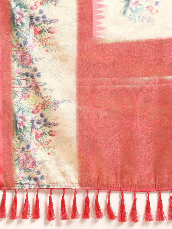 Peach Kanjeevaram Silk Digital Print Floral Saree with Unstitched Blouse - Hiral Fashion | Grocsy
