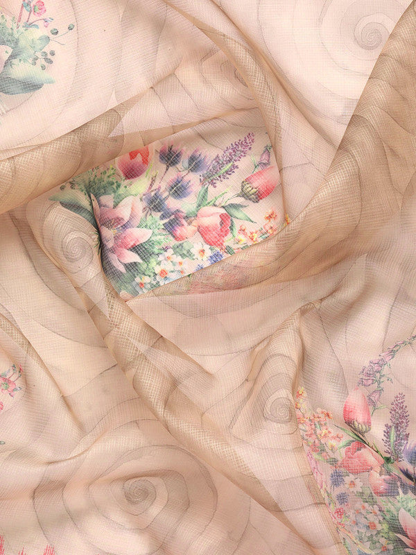 Peach Kanjeevaram Silk Digital Print Floral Saree with Unstitched Blouse - Hiral Fashion | Grocsy