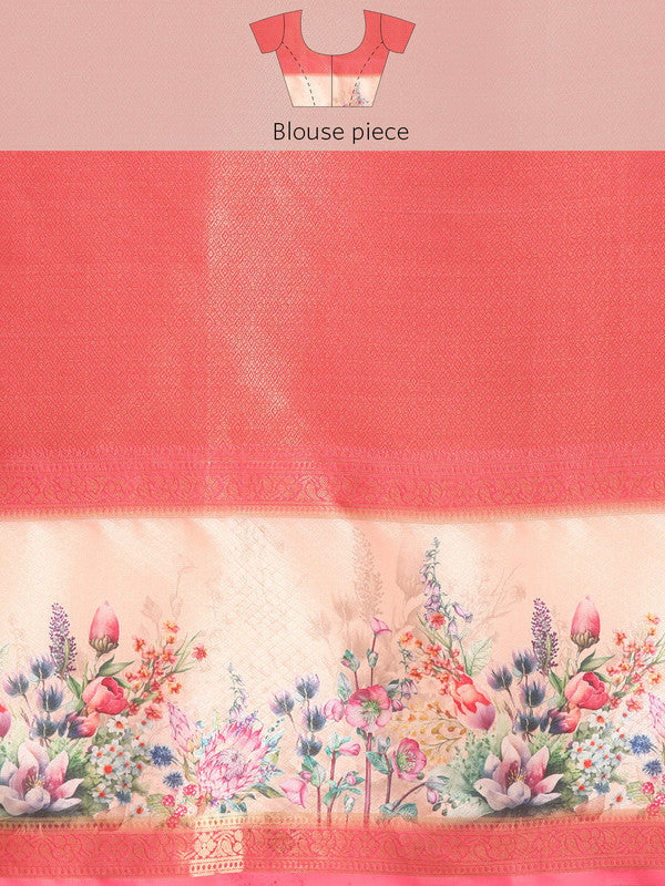 Peach Kanjeevaram Silk Digital Print Floral Saree with Unstitched Blouse - Hiral Fashion | Grocsy