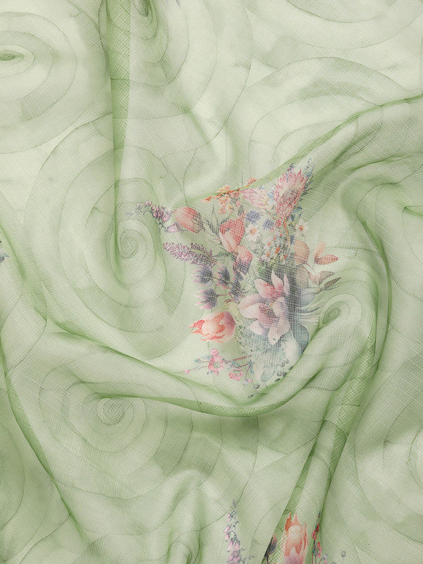 Green Kanjeevaram Silk Digital Print Floral Saree with Unstitched Blouse - Hiral Fashion | Grocsy