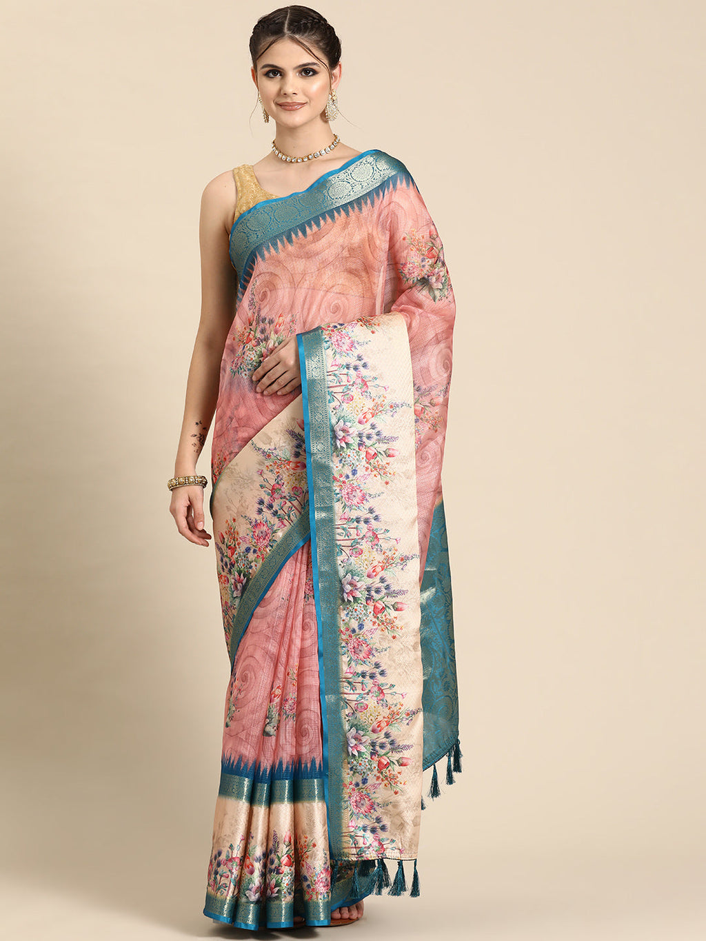 Pink Kanjeevaram Silk Digital Print Floral Saree with Unstitched Blouse - Hiral Fashion | Grocsy