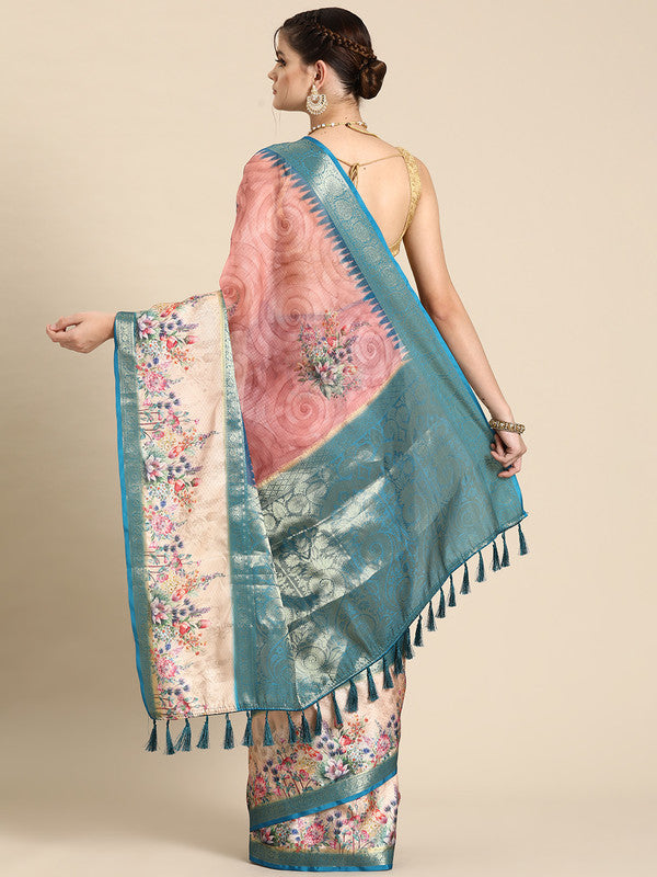 Pink Kanjeevaram Silk Digital Print Floral Saree with Unstitched Blouse - Hiral Fashion | Grocsy