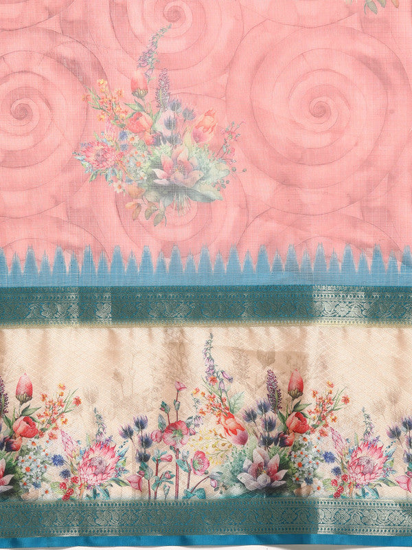 Pink Kanjeevaram Silk Digital Print Floral Saree with Unstitched Blouse - Hiral Fashion | Grocsy