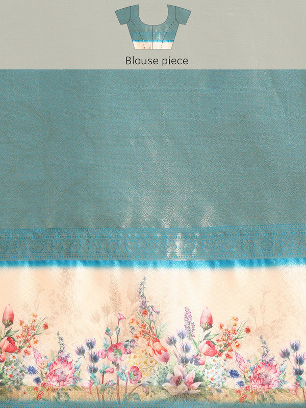 Pink Kanjeevaram Silk Digital Print Floral Saree with Unstitched Blouse - Hiral Fashion | Grocsy