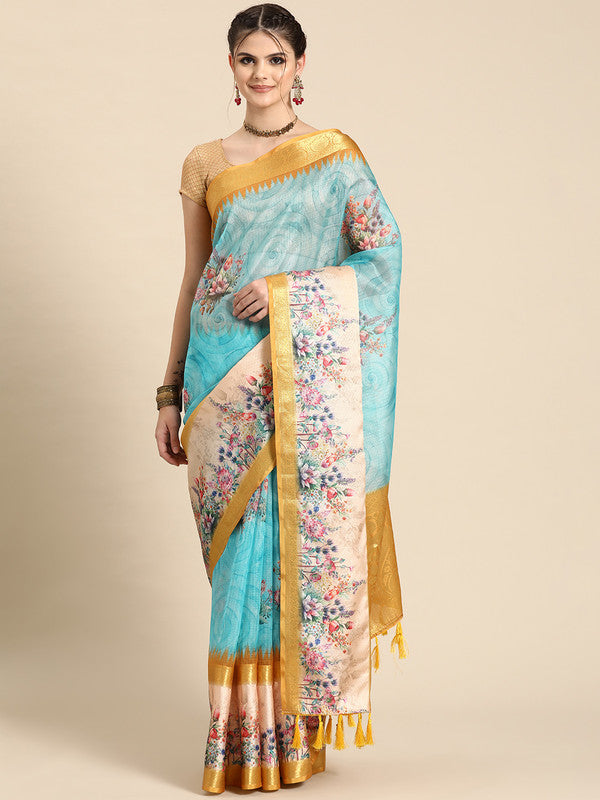 Sky Blue Kanjeevaram Silk Digital Print Floral Saree with Unstitched Blouse - Hiral Fashion | Grocsy