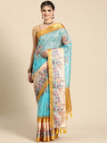 Sky Blue Kanjeevaram Silk Digital Print Floral Saree with Unstitched Blouse - Hiral Fashion | Grocsy